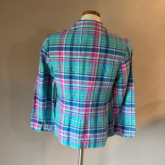 NWOT Talbots Madras linen plaid sunshine blazer 2 button front ruffle cuff 6 - Picture 13 of 17
